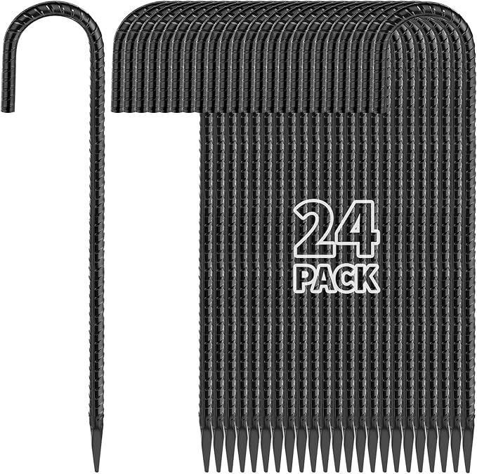 16 Inches 24-Pack J Hook Rebar Stakes Heavy Duty Tent Stakes with Chisel Point End Steel Ground Anchors Metal Garden Stakes Chain Link Fence Stakes Black Coated