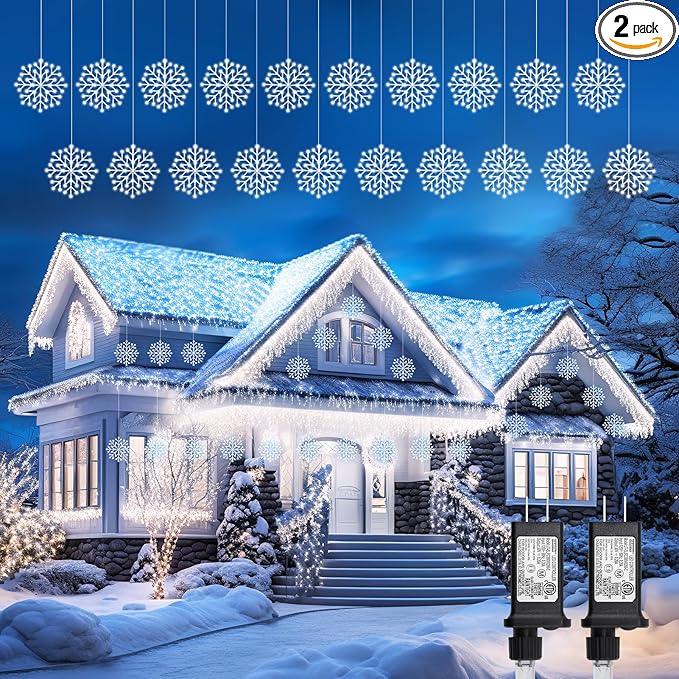 Brightown 2 Pack Christmas Snowflake Icicle Lights Outdoor - Plug-in 23.6ft 10 Drops 480LED Snowflake Window Lights for Indoor Outdoor Porch Eaves Rooftops Christmas Decoration