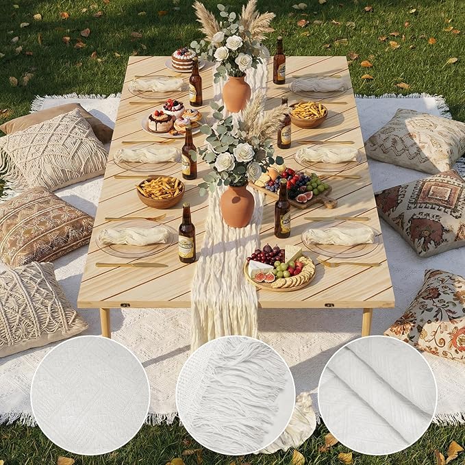 Boho Picnic Blanket Set 91 x 71 Woven Cotton Picnic Blanket with Beige Table Runner and 6 Handmade Cloth Napkins Bohemian Outdoor Picnic Setup for Beach Camping Wedding Decor