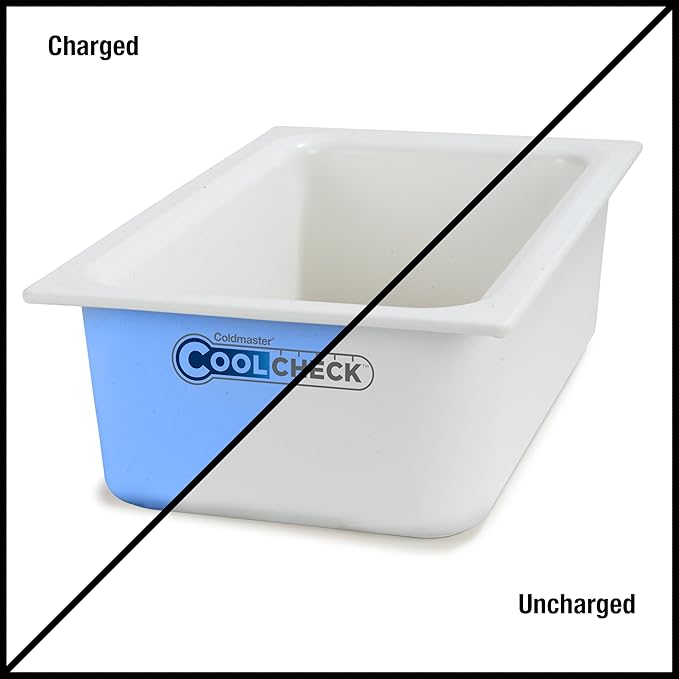 Carlisle FoodService Products Coldmaster Coolcheck Full Size Food Pan Insulated Food Pan with Refrigerant Gel Filling Plastic 15 Quarts White Blue