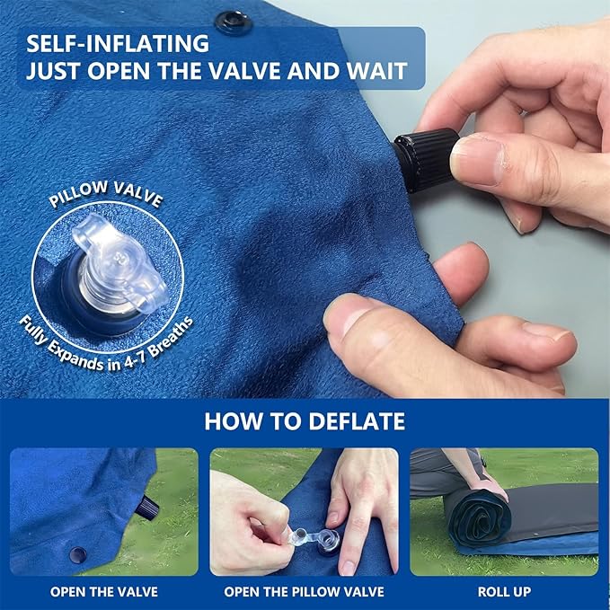 Double Camping Sleeping Pad with Pillow 2 Memory Foam Camping Mattress 2 Person 5R Insulated Self Inflating Camping Pad Air Mattress Inflatable Sleeping Mat for Tent Backpacking Hiking (Blue)