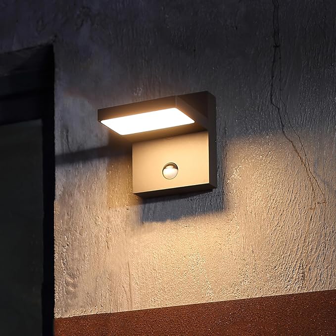 Motion Sensor Outdoor Rotatable Wall Light Exterior LED Fixture Aluminum Wired Porch Lamps Adjustable Sconce Black Front Door Lantern for Patio Garden Garage Yard