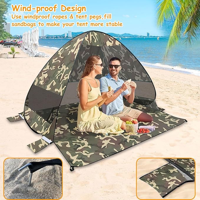 Beach Tent Sun Shelter Outdoor Tent for 1-4 Persons with Carrying Bag and 6 Ground Pegs for Family Outdoor Adventures Camping Picnics (Camouflage)