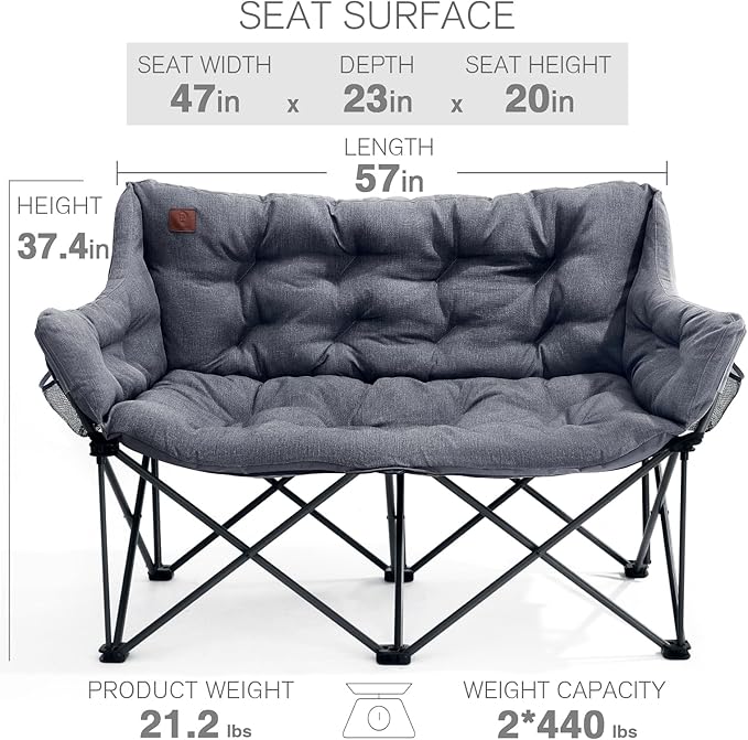 EVER ADVANCED Extra Large Double Camping Chair for Adults Family Size Padded Folding Camping Love Seat Bench with Side Pocket Portable Camping Couch Two Person Heavy Duty Folding Outdoor Chair