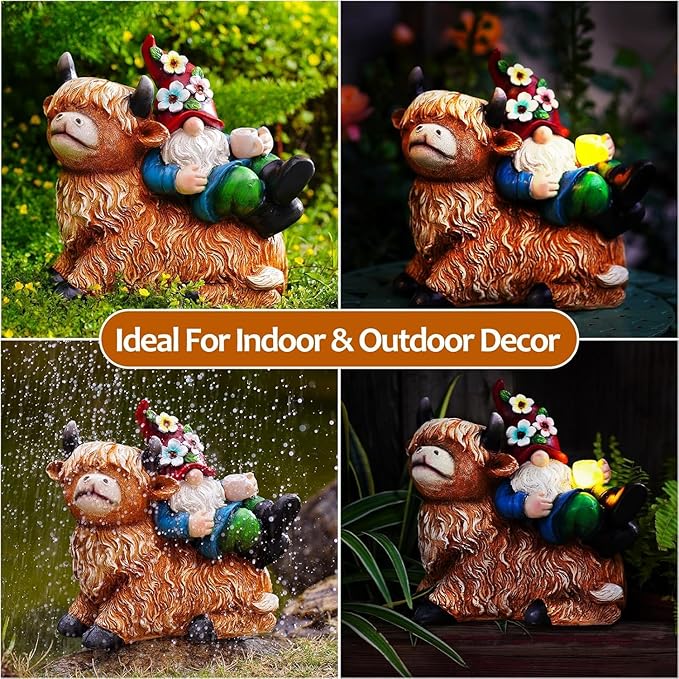 Garden Gnomes Decor Outdoor Statues Gnome on Highland Cow Hold Solar Cup Light Outdoor Decorations for PatioYard and Gift for Mom