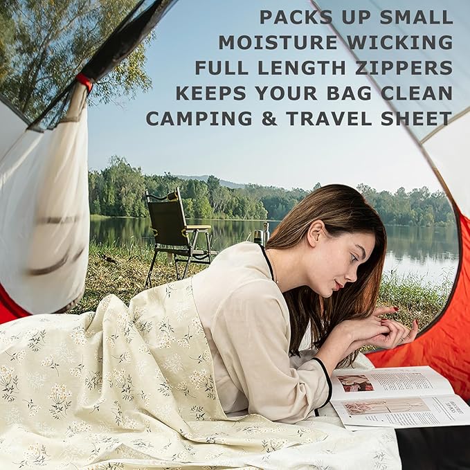 100% Cotton Sleeping Bag Liner with Full Length Zipper on 3 Sides Single/Double Adult Sleep Sack for Travel &amp Camping Multifunctional Travel Sheets (Unzipped 87”x87”) for Hotel Lightweight