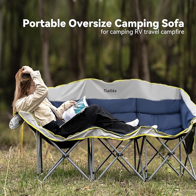 Double Camping Chair – 2-3 Person Outdoor Folding Sofa with Cup &amp Wine Glass Holders – Oversized Loveseat Camping Couch for Campfire RV Backyard – Supports Up to 1050 lbs