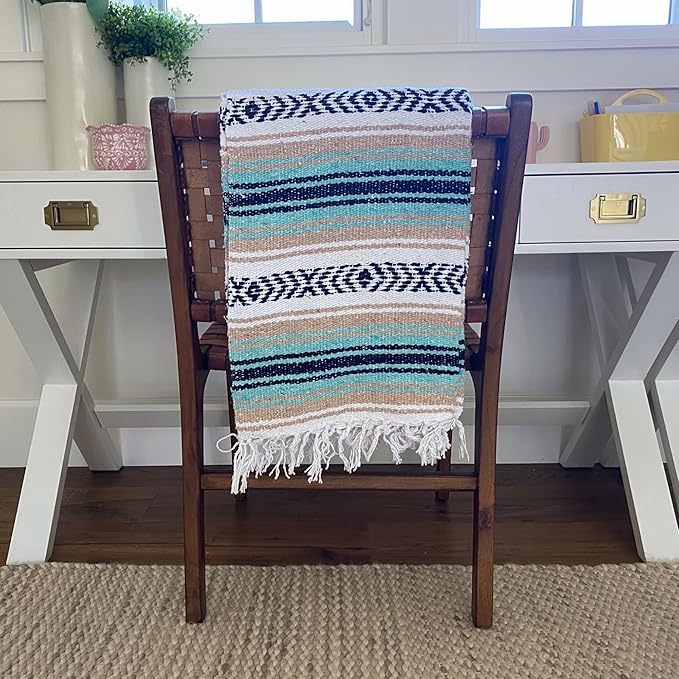Del Mex Classic Mexican Blanket Large Authentic Woven Falsa Throw (70x50) Artisan Southwest Décor for Beach Yoga Outdoors (Mint/Tan)