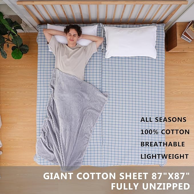 100% Cotton Sleeping Bag Liner with Full Length Zipper on 3 Sides Single/Double Adult Sleep Sack for Travel &amp Camping Multifunctional Travel Sheets (Unzipped 87”x87”) for Hotel Lightweight