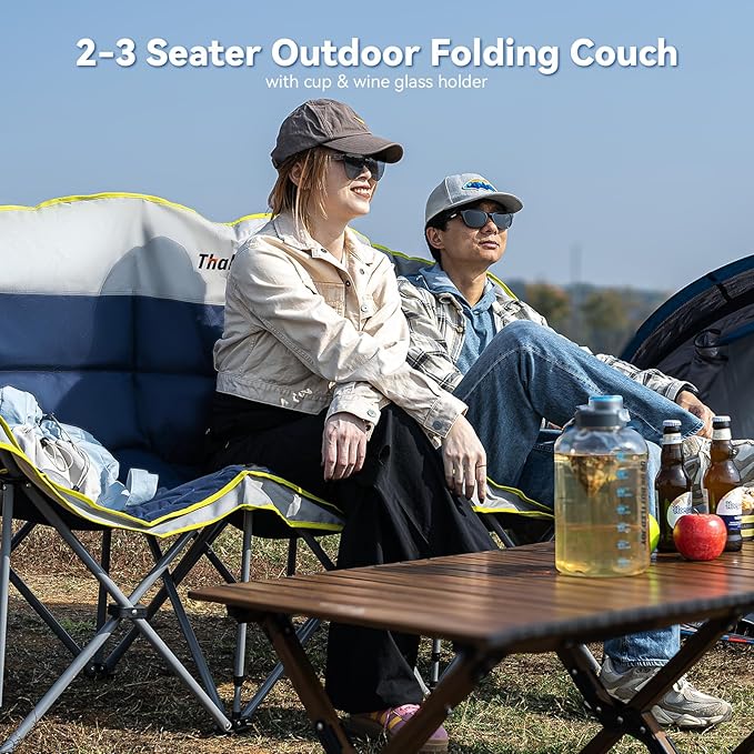 Double Camping Chair – 2-3 Person Outdoor Folding Sofa with Cup &amp Wine Glass Holders – Oversized Loveseat Camping Couch for Campfire RV Backyard – Supports Up to 1050 lbs
