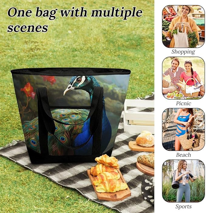 Insulated Shopping BagLarge Reusable Cooler Bags Colorful Peacock Printed Foldable Shopping BagTravel Waterproof Shoulder Bag