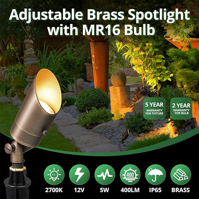 GKOLED 12 Pack Brass Landscape Spotlight LED Low Voltage Landscape Lighting Outdoor Adjustable Lights for Yard Wall Lawn Tree Patio Garden Waterproof Directional Up Light with 5W MR16 Bulb