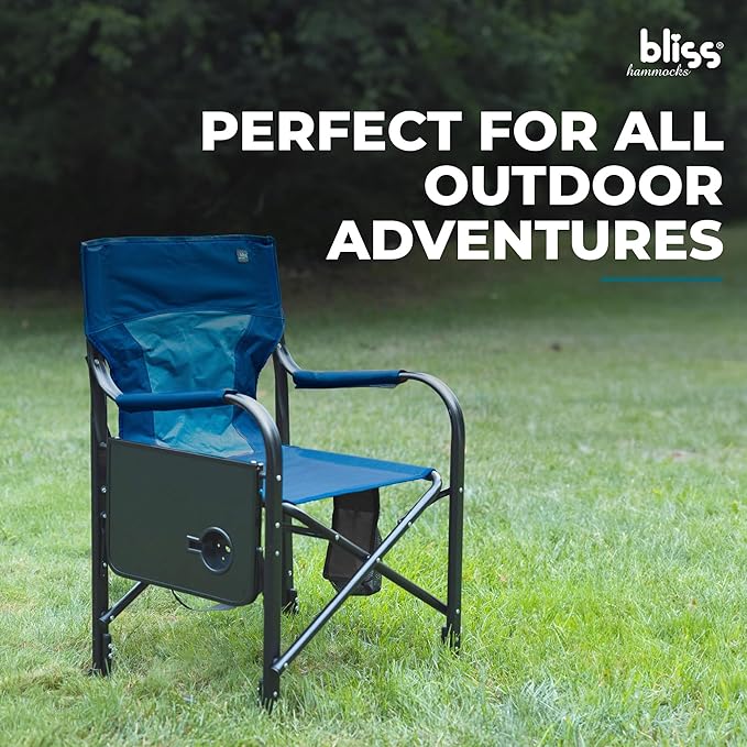 Bliss Hammocks 24 Volt Heated Directors Seat with 3 Heat Settings Folding Portable 21 Inch Wide Steel Frame Camping Chair - Battery Included Blue