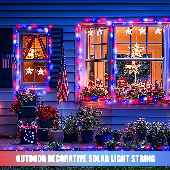 JMEXSUSS 2 Pack Red White and Blue Solar Lights 100LED 33ft Patriot Solar String Lights Waterproof 8 Modes 4th of July Lights for Independence Day Gardens Tree Outdoor 4th of July Decorations