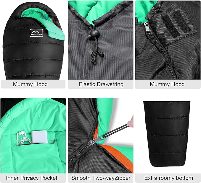 KAMPKEEPER Mummy Sleeping Bag Cold Weather Camping Sleeping Bag 32℉ 3-4 Seasons Adults Sleeping Bag Non-Snag Zipper with Adjustable Hood for Backpacking Hiking