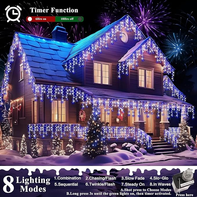 XURISEN 66ft Christmas Lights Decorations Outdoor 640 LED 8 Modes Curtain Fairy Lights with 120 DropsPlug in Waterproof Timer Memory Function for Christmas Holiday Wedding Party Decor(Blue+Cool)