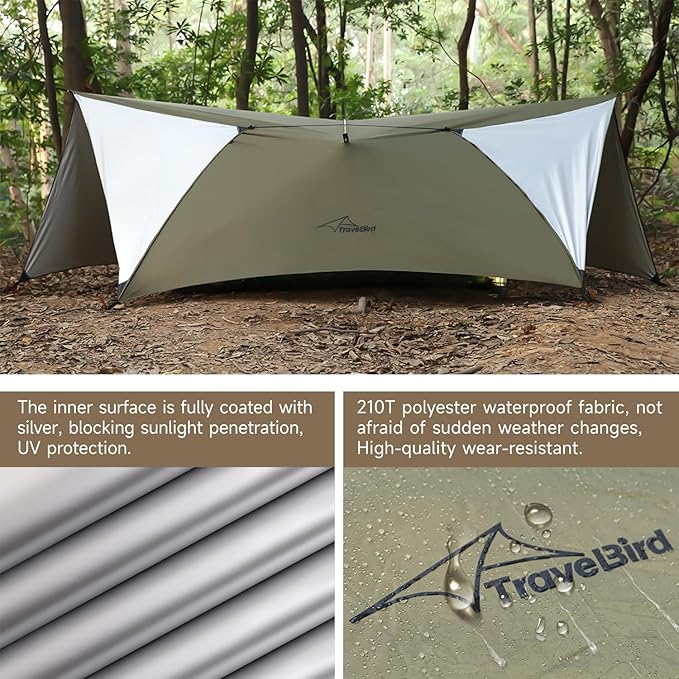Ultralight Tarp 14ft Hammock Rain Fly Lightweight Waterproof Camping Tent Tarp with Doors Bushcraft Tarp Shelter for Backpacking Hiking Camping