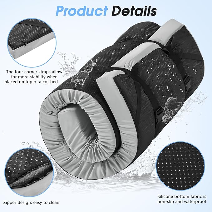 CYMULA Memory Foam Camping Mattress Pad3inch Sleeping Pad for CampingNon-Slip Bottom Floor Cot Car Mattress Bed with Retaining Portable Roll up Mattress Pad Mat for Travel Truck Guest Bed Tent