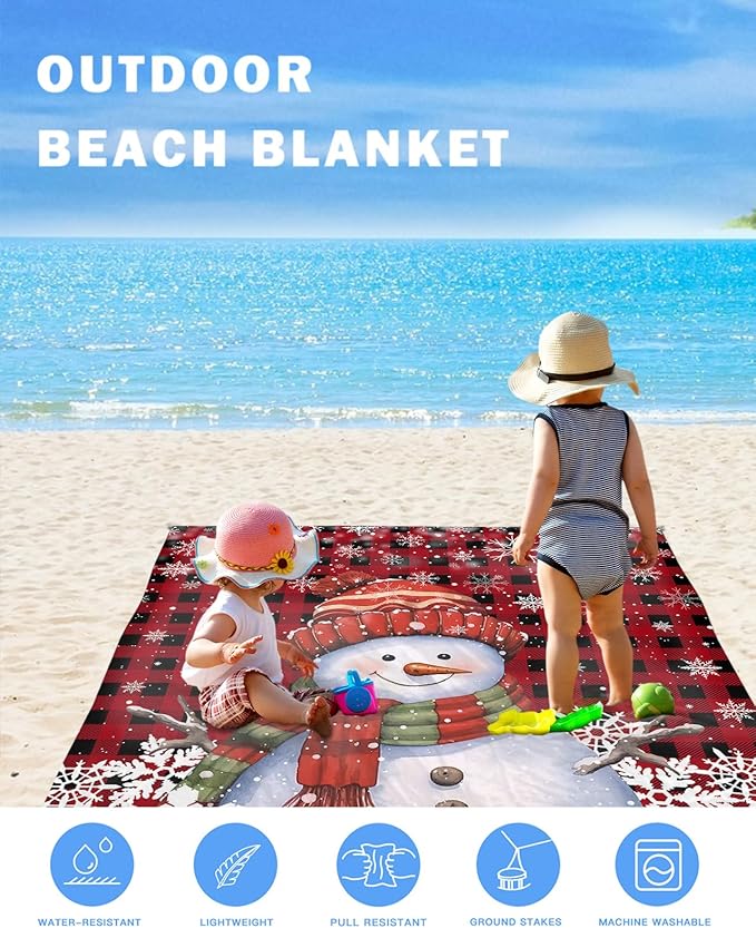 Beach Blanket Waterproof Sandproof Cute Snowman Red Black Buffalo Plaid Quick Drying Beach Mat with 4 Stakes Winter White Snowflake Seamless Lightweight Picnic Blanket for Travel Camping 95x80