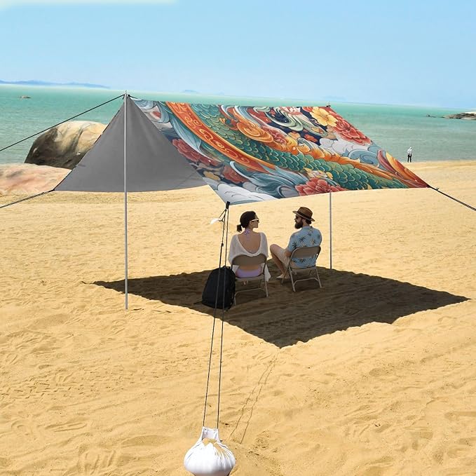 Chinese Dragon Beach Tent Sun Shelter 9.2' x 10.5' Beach Canopy with 4 Sandbags 4 Stability Poles Sand Shovels - Tent Canopy for Beach Camping Fishing Picnics