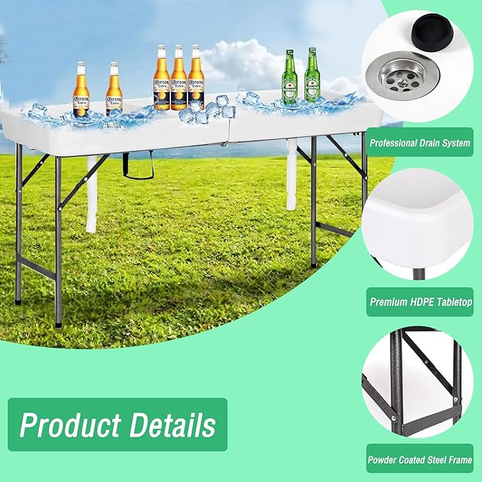 Party Ice Cooler Folding Table Fill and Chill Table with Drain Hose 5 Foot Beverage Ice Tables for Party Picnic BBQ Camping