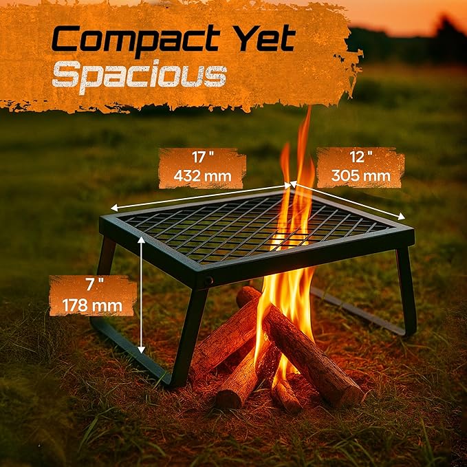 Folding Campfire Grill – Portable Over-Fire Grill with Food-Safe Coating Heavy Duty Steel Compact with Folding Legs - Camping RV Overlanding Fire Pits