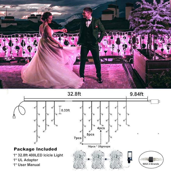 33FT 400 LED Icicle Lights for Outside Christmas String Light with 8 Modes 75 Drops Waterproof Plug in Valentines Lights Outdoor for House Room Yard Party Wedding Xmas Decorations Pink
