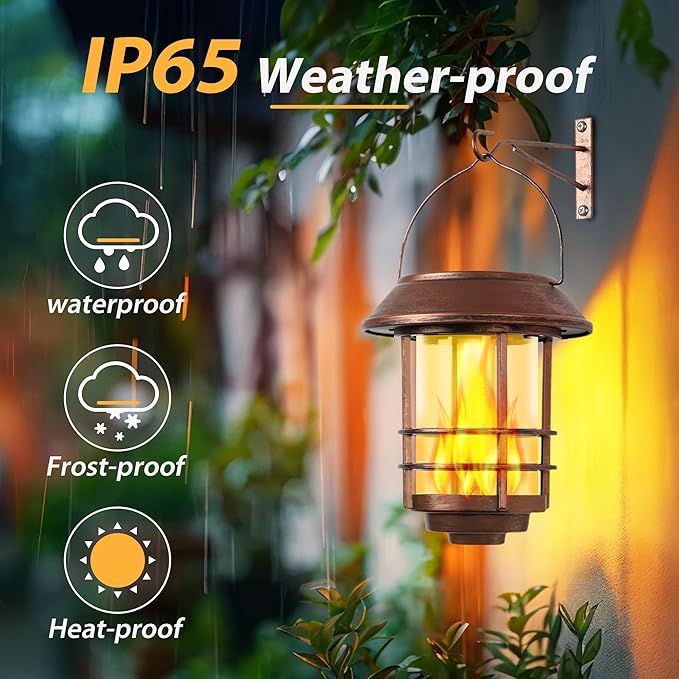 Otdair Solar Lanterns Outdoor Waterproof 2 Pack Flickering Flames Wall Garden Decor with Glass Shade Hanging Solar Lights Wall Mount Decorations for Halloween Front Porch Patio Yard Bronze