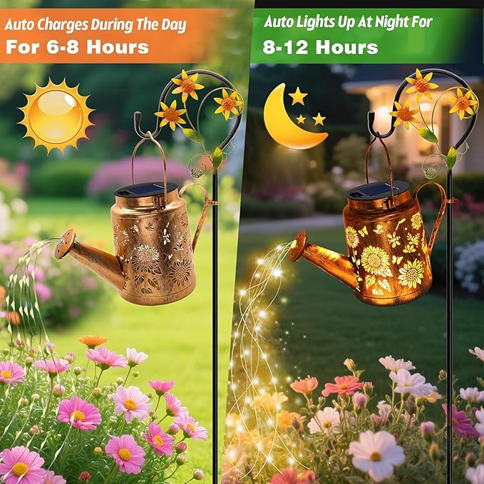 Solar Lanterns Outdoor Sunflower Watering Can lights Waterproof Hanging Lanterns Solar Path Lights Outside Yard Patio Gardren Decor Gardening Christmas Gift for Mom Grandma Women with Shepherd Hook