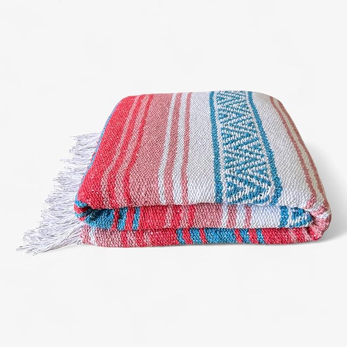 Authentic Handwoven Mexican Blanket Falsa Serape - Soft &amp Durable - Vibrant Beach Picnic Yoga &amp Camping Mat - Traditional Boho Throw - Outdoor Blanket 70x50 (Flame)