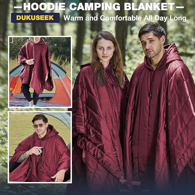 DUKUSEEK Outdoor Wearable Camping Blanket Large Packable Backpacking Hooded Stadium Blankets Lightweight Warm Quilt for Picnic Hiking Football 79X56 Wine Red