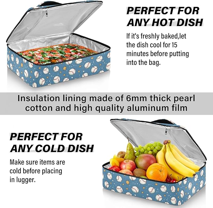 Casserole Carrier Baseballs and StarInsulated Casserole Carrier for Hot or Cold Food Thermal Lunch Tote for Potluck Parties Picnic Beach Fits 9 x 13 Inches Baking Dish