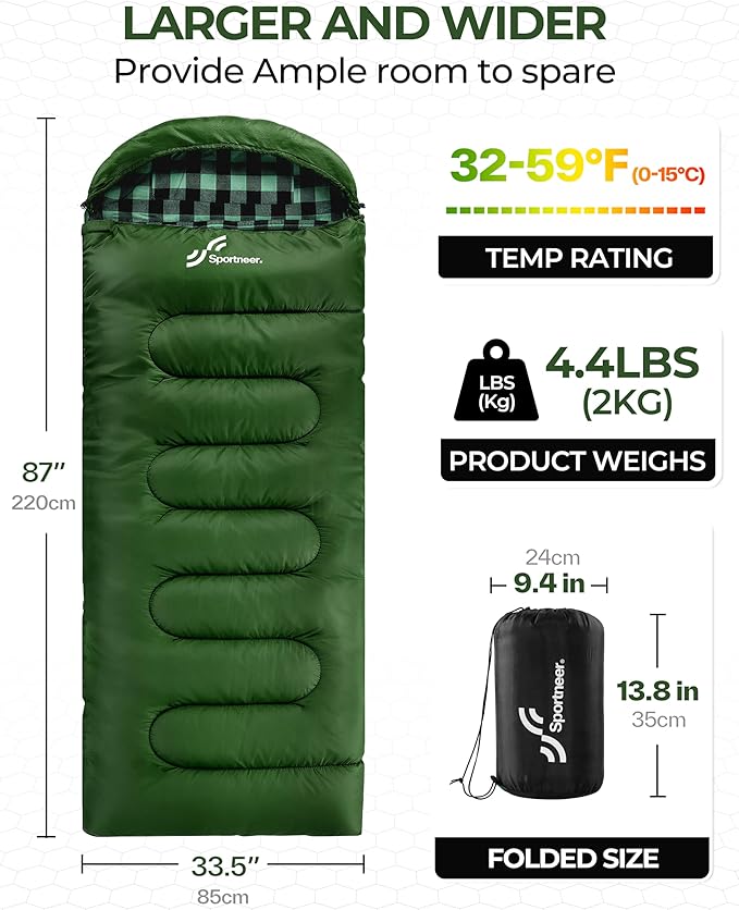 Sportneer 0 Degree Sleeping Bag for Cold Weather XL Winter Sleeping Bag for Adults Flannel Lined Camping Sleeping Bag 32°F–59°F Rated 87 x 33.5 4.4 lbs Detachable Hood Compression Sack