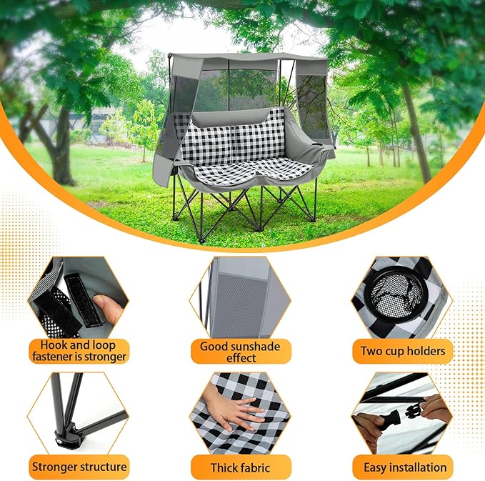 Double Camping Chair with Canopy Shade 660lbs Heavy Duty Beach Chair Portable Folding 2 Person Camping Loveseat with Cup Holder and Storage Bag for Lawn Beach Outdoor Sport(Grey Plaid)