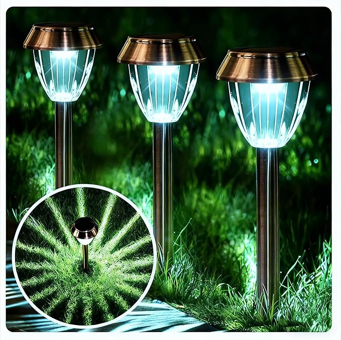 Vintage Solar Lights Outdoor Glass &amp Metal Solar Pathway Lights 4 Pack IP65 Waterproof Cool White Garden Lights for Walkway Yard Patio Driveway