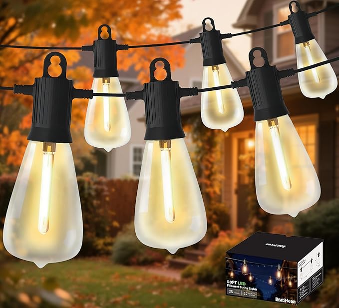 LED Outdoor String Lights 50FT Waterproof Patio Lights with 27 (25+2 Spare ST38 Shatterproof Replaceable Bulbs) Connectable Dimmable Outside Hanging Light for Porch Garden Deck Bistro Backyard
