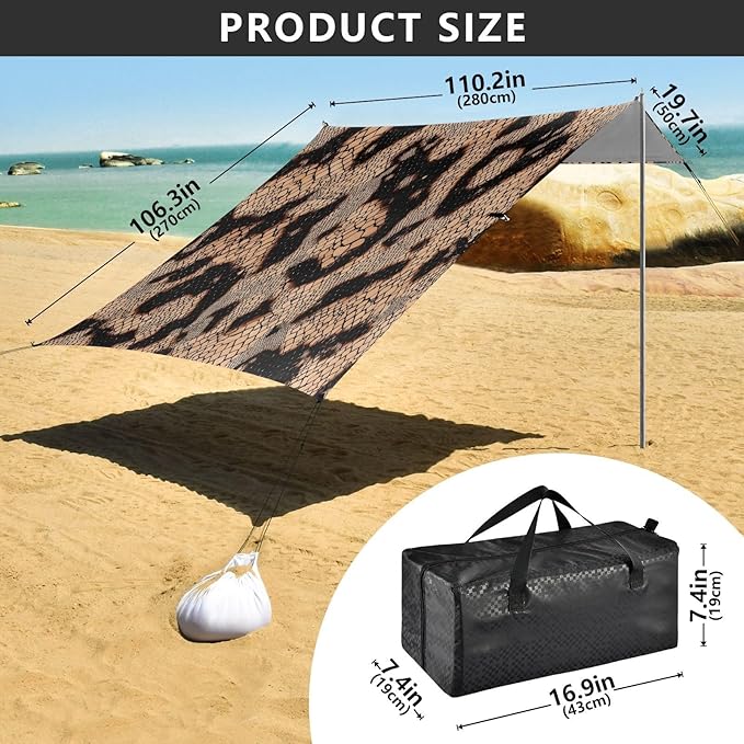 Beach Tent Sun Shelter Brown Snake Skin Lightweight &amp Easy Setup Beach Shade Canopy for Camping Fishing