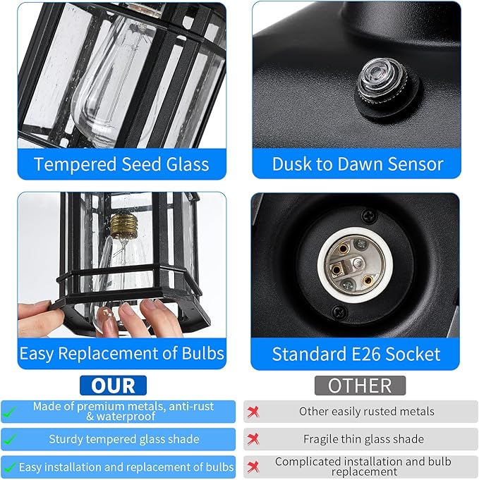 Dusk to Dawn Pendant Lights - 10.25'' Black Exterior Hanging Lanterns Farmhouse Outdoor Ceiling Light Fixture Waterproof Tempered Seed Glass Chandelier 1Pack