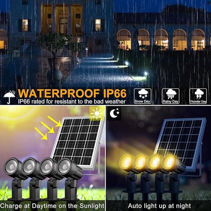 MEIKEE 6 in 1 Solar Spotlights Outdoor 6W/6V Solar Powered Landscape Lights IP66 Waterproof Auto On/Off Landscape Spotlights with 3 Colors 56ft Cord for Garden Path Yard Patio Light