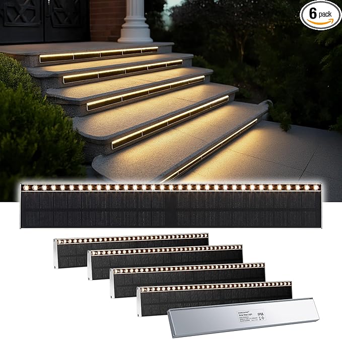 Solar Step Lights for Outside 33 Focused-Beam High-Brightness LEDs Waterproof Aluminum Outdoor Stair Light for Risers Curbsides Poolsides Planter Edges (Warm White 6Pack)