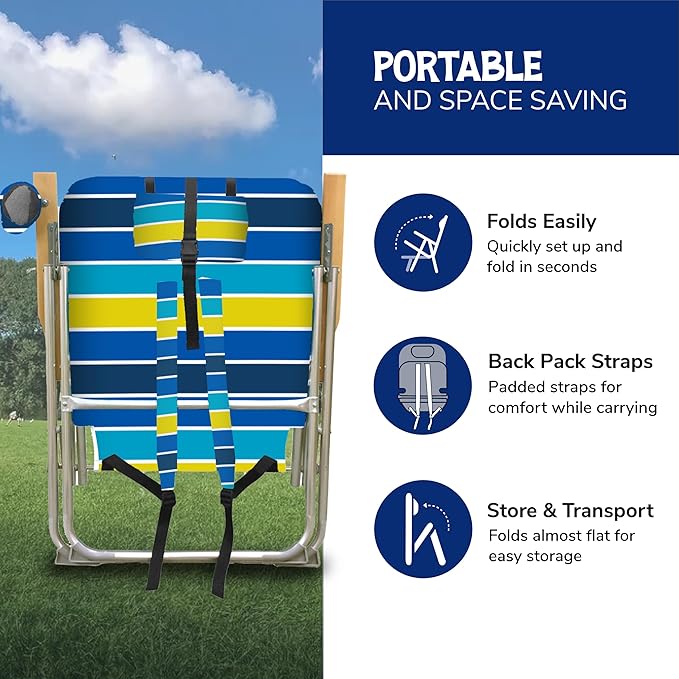 Cabana Beach Folding Beach Chair 4 Position Portable Backpack Foldable Camping Accessories with Headrest Cup Holder and Wooden Armrests Cool Bold Stripe