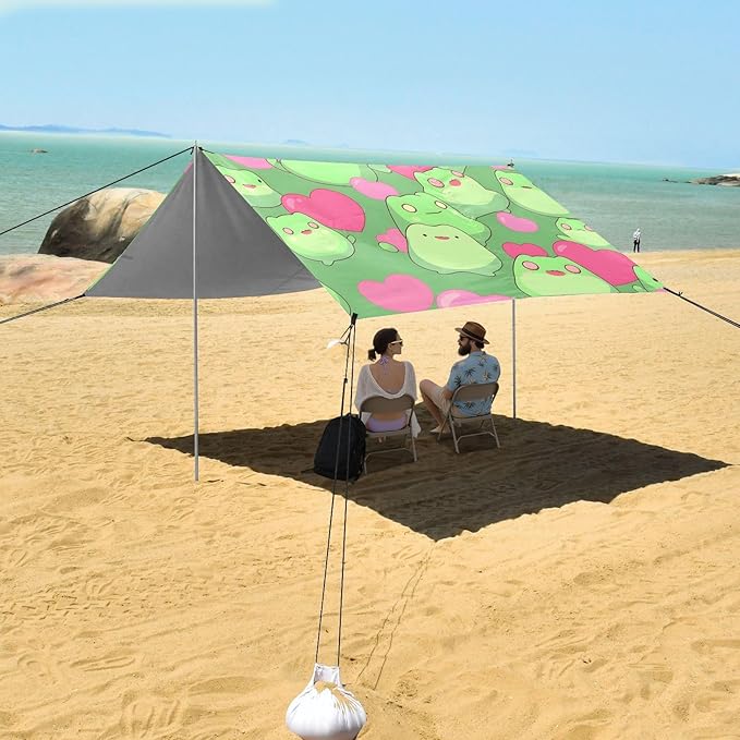 ALAZA Cute Frogs Hearts Beach Tent Sun Shelter UPF50+ Protection Beach Shade Canopy w/ 4 Sandbags for Outdoor Camping Fishing Backyard Fun Picnic 10x9 ft