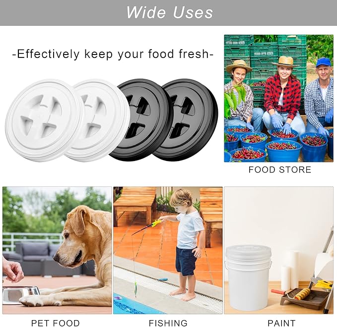 Aodaer 4 Pieces Seal Lid 5 Gallon Bucket Twist Lid Food Storage Container Lid Reusable Plastic Seal Lid Food Storage Container Lids (Black White)