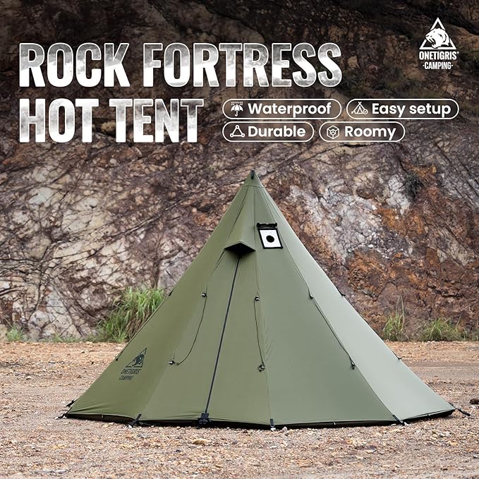 OneTigris Rock Fortress Hot Tent with Stove Jack 4 Season 4-6 Person Tipi for Camping Backpacking Hunting Fishing - Waterproof Wind-Proof