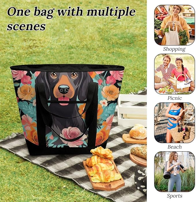 Insulated Shopping BagLarge Reusable Cooler Bags Dog Floral Printed Foldable Shopping BagTravel Waterproof Shoulder Bag