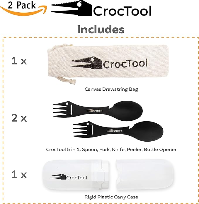 Spork Ultra Lightweight and Strong 5 in 1 Camping Utensil Set-Spoon+Fork+Knife+Peeler+Bottle Opener+Bag+Carry case. Ideal for Outdoors Home or Office