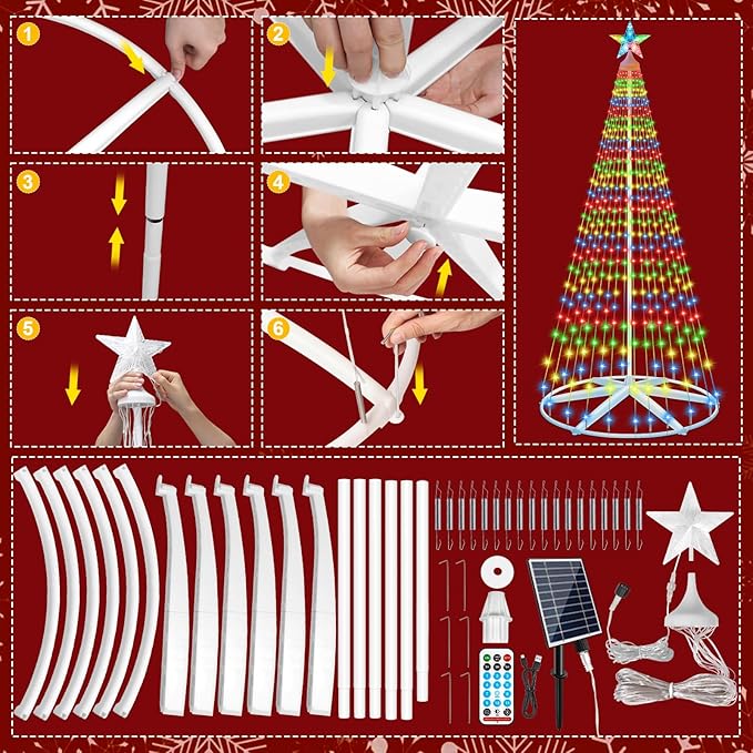 8Ft Solar Powered Christmas Cone Tree Lights with 444LEDs &amp Star Topper Remote Control 11 Modes Dimmable IP65 Waterproof Timer for Indoor Outside Yard Holiday Decoration Warm White &amp Mul