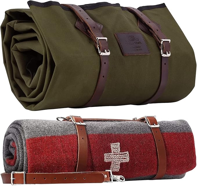 1844 Helko Werk Germany Waxed Canvas Bedroll &amp Swiss Army Blanket Bundle - Camping Bedroll with Leather Straps and Zipper - Waterproof Portable Bed (Blanket + Bedroll Forest Green) #F8761FGB