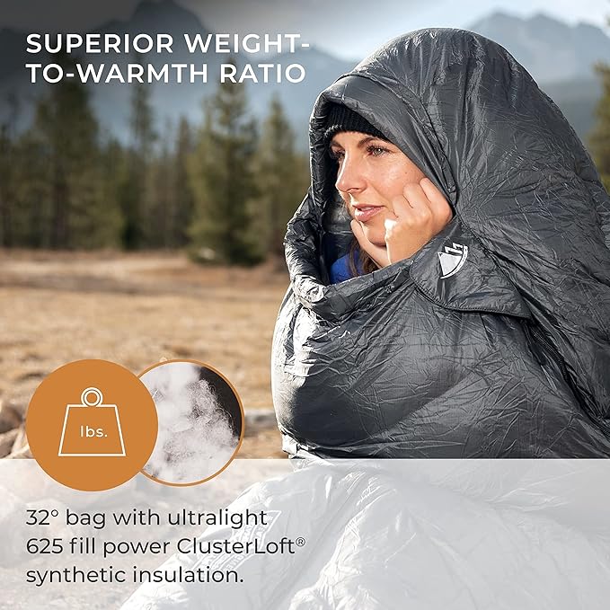 Hyke &amp Byke Katahdin 32 F Hiking &amp Backpacking Sleeping Bag - 4 Season 625FP Ultralight Sleeping Bag - Water Resistant - Charcoal Gray - Long