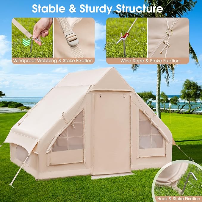 KOTEK Inflatable Camping Tent with Pump Easy Setup Air Glamping Tents for 4-6 Persons Inflatable Cabin Tent with Mesh Windows &amp Doors 4 Season Blow up Tent Portable with Carry Bag